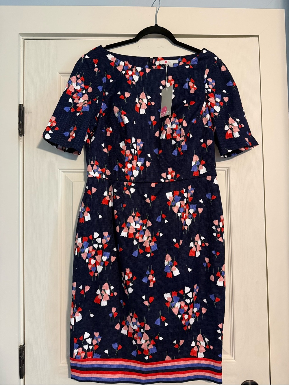 Boden Navy Floral Sheath Dress with Red, Pink & White Accents